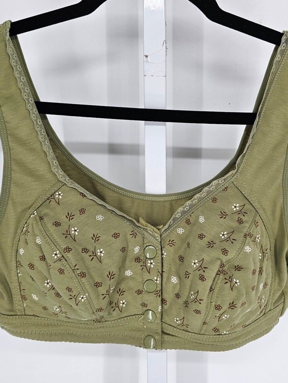 Vintage Y2K Womens Sz XL Bralette Bra Avocado Green Floral Snap Front